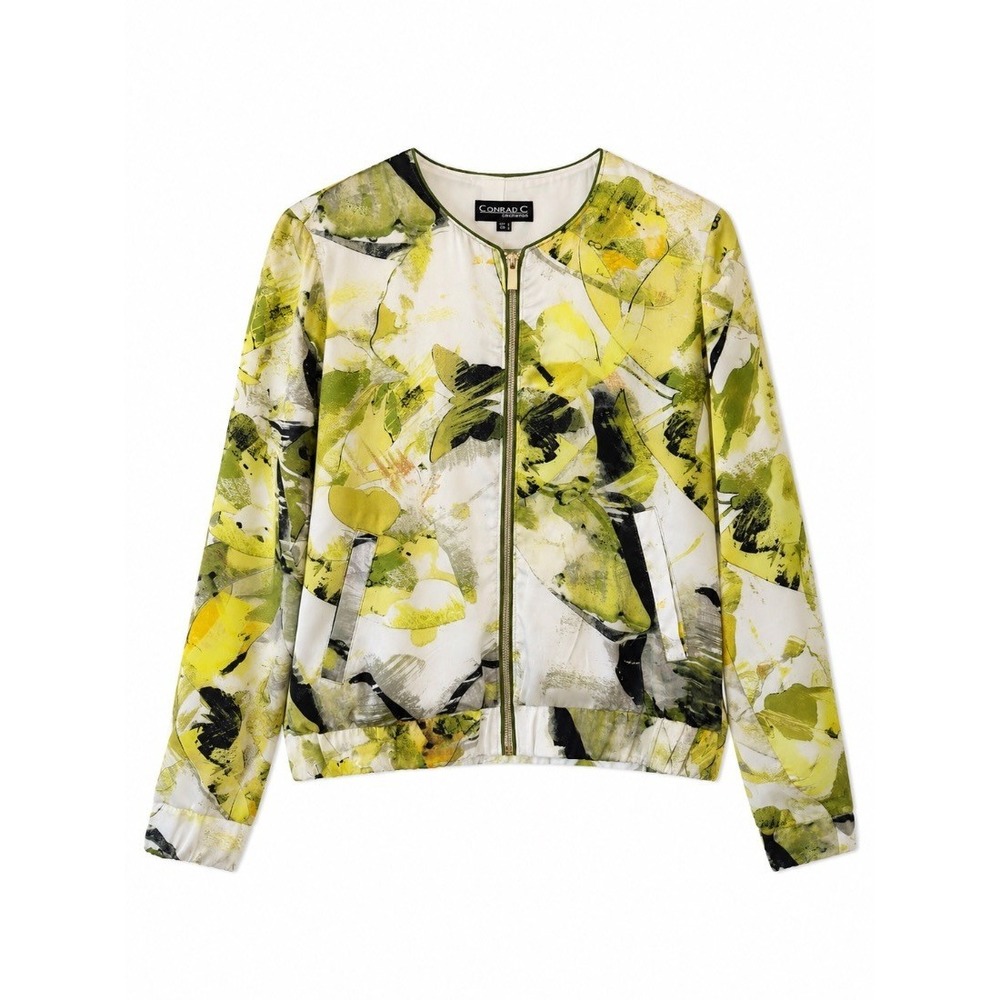 Conrad C Collection Womens Bomber Jacket Yellow Abstract Print Zip Up Size 8
